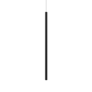 A black vertical pendant light on a white background.