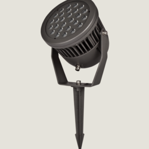 A black outdoor spotlight with an spike accessory on a grey background.