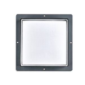 A black square outdoor ceiling light with 4 screws and white background.