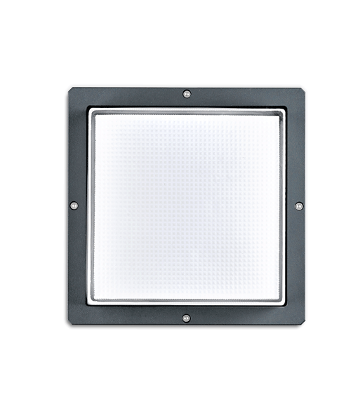 A black square outdoor ceiling light with 4 screws and white background.