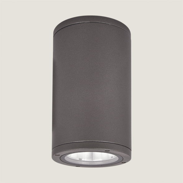 A black outdoor ceiling light with grey background.