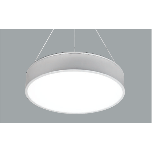 An aluminium round pendant light with grey background.