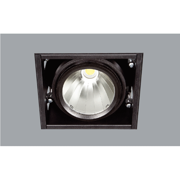 A single black led downlight with grey background