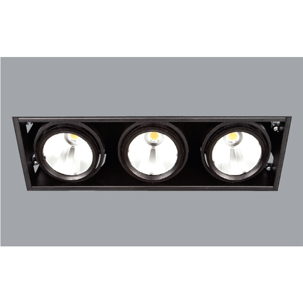 A triple black led downlight with a grey background