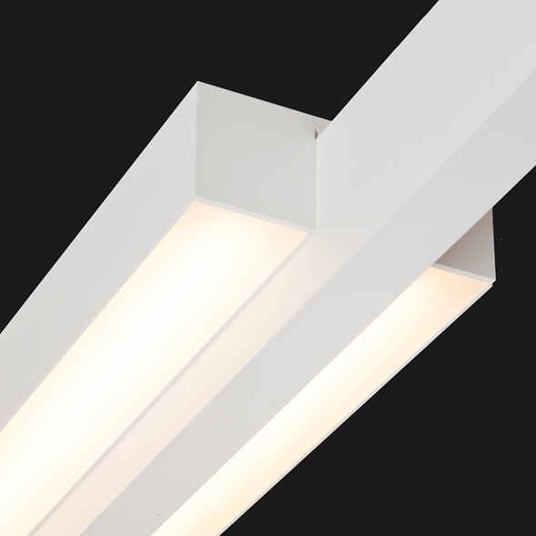 A white double linear LED on a black background.