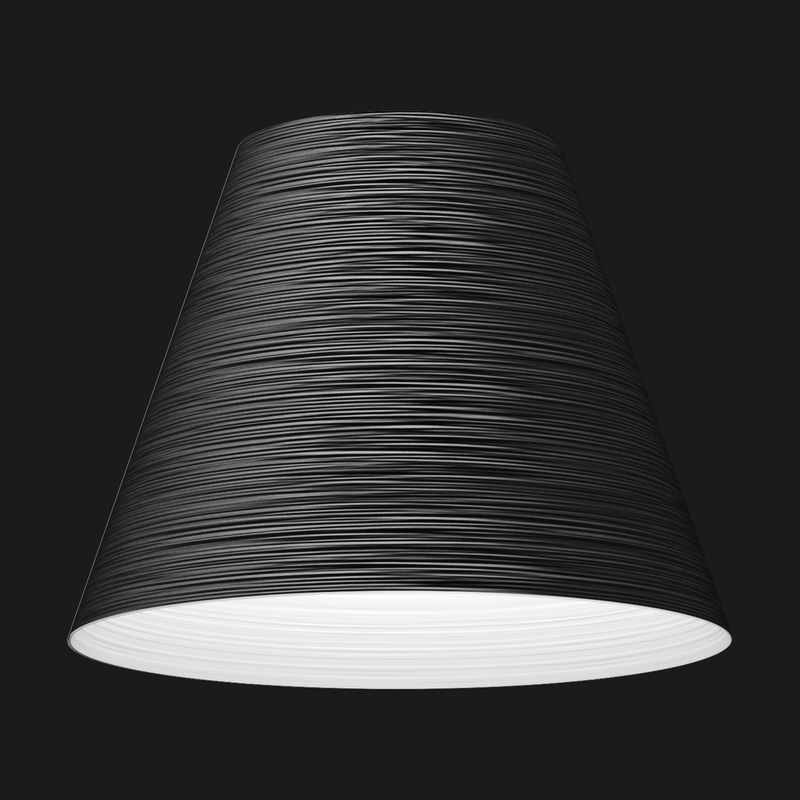 A black and white cone textured pendant light on a black background.