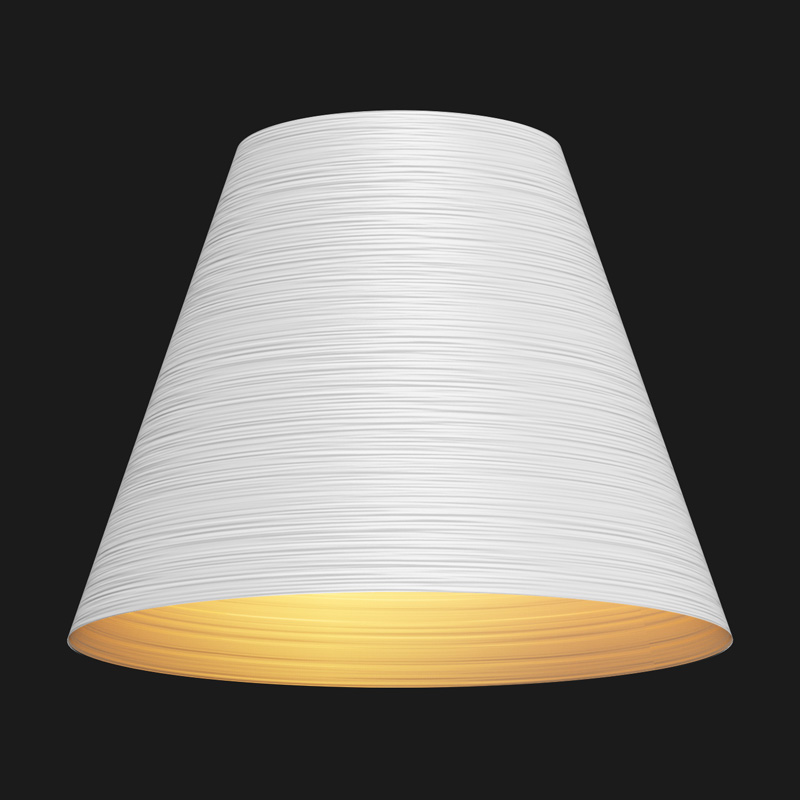 A white and gold cone textured pendant light on a black background.