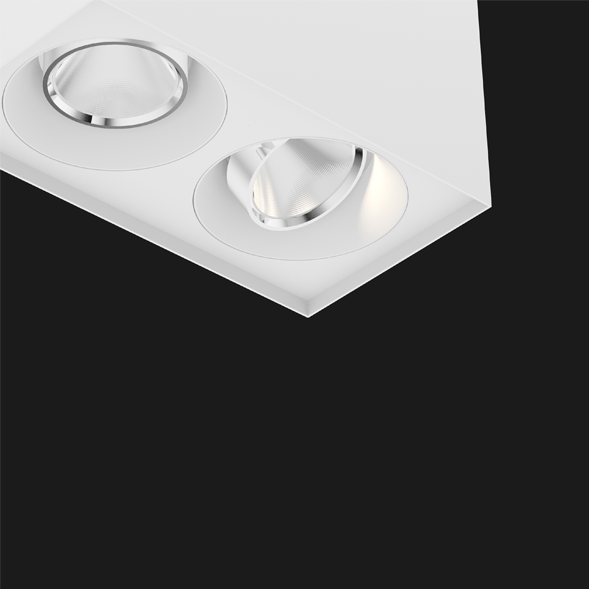 A white and chrome suspended box pendant light on a black background.
