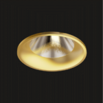 A gold fix round led downlight with black background.