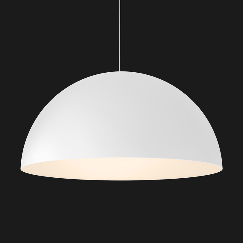 A white dome pendant light on a black background.
