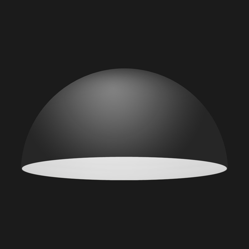 A black and white dome pendant light on a black background.