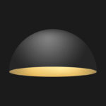 A black and gold dome pendant light on a black background.