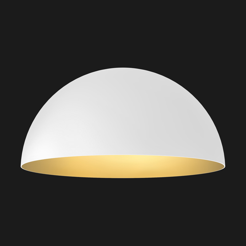 A white and gold dome pendant light on a black background.