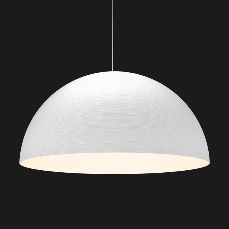 A white textured dome pendant light on a black background.