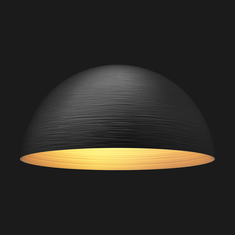 A black and gold textured dome pendant light on a black background.