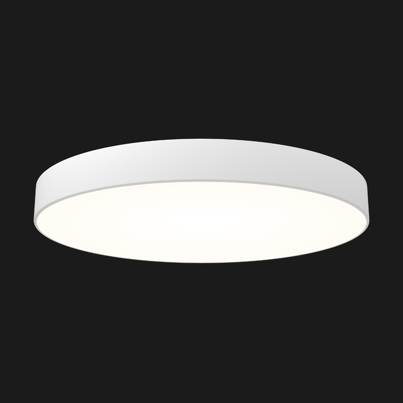 A grey round pendant light with black background.