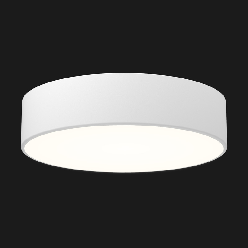 A white round pendant light with black background.