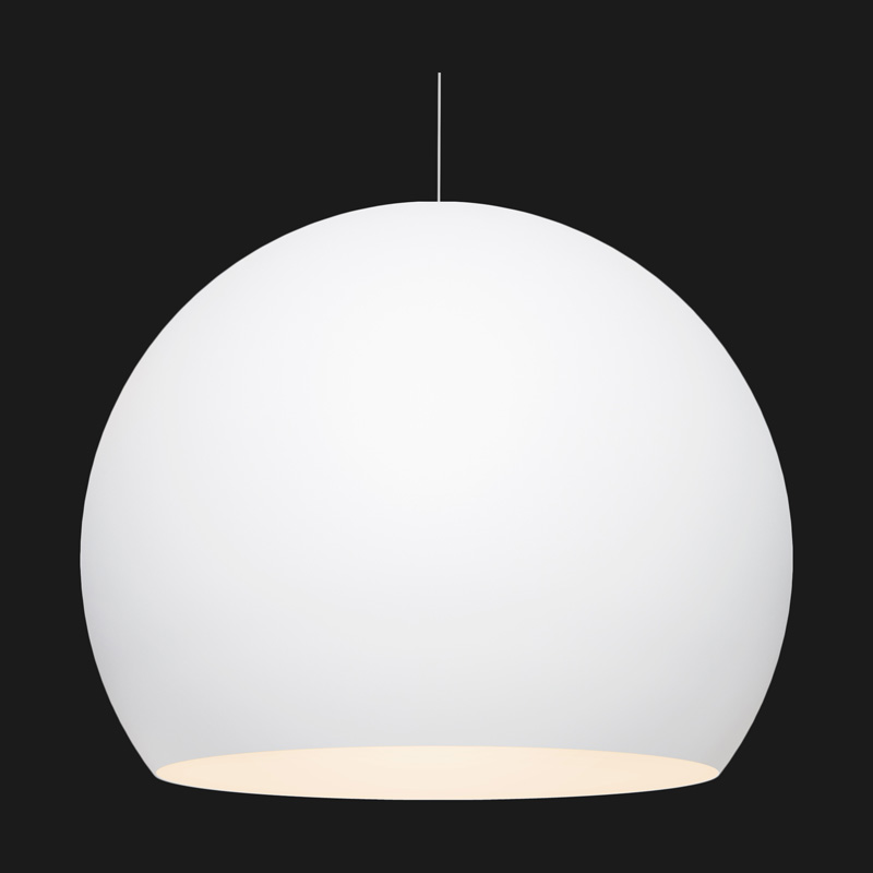 A white globe with pendant light on a black background.