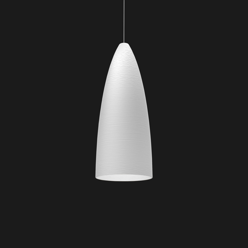 A white stylish pendant light with a black background.