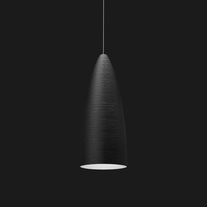 A black stylish pendant light on a black background.