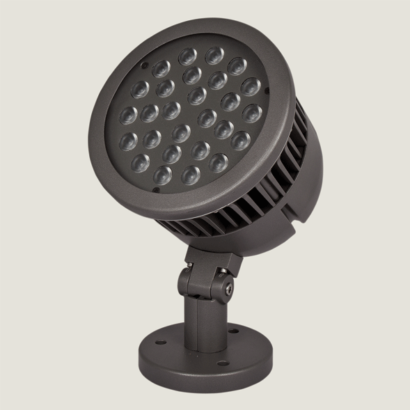 A maxi black outdoor spotlight with a grey background.