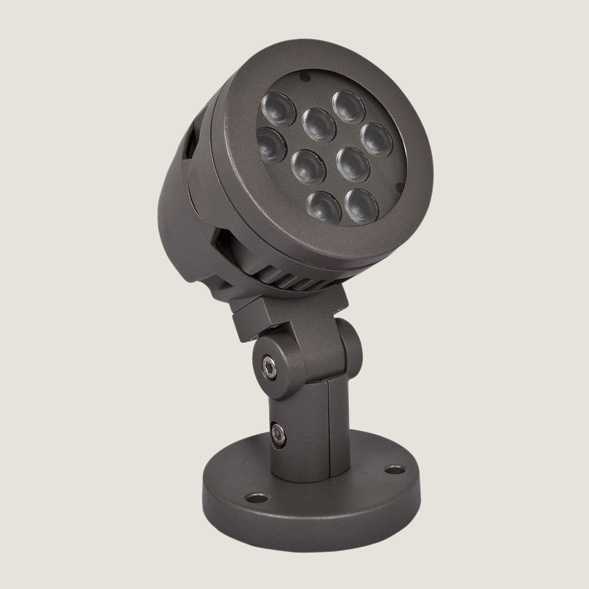 A black mini outdoor spotlight with grey background.