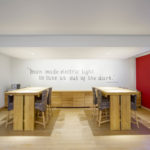 A stylish office space with two wood tables and 3 led downlights