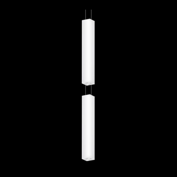 A double white square pendant light with black background.