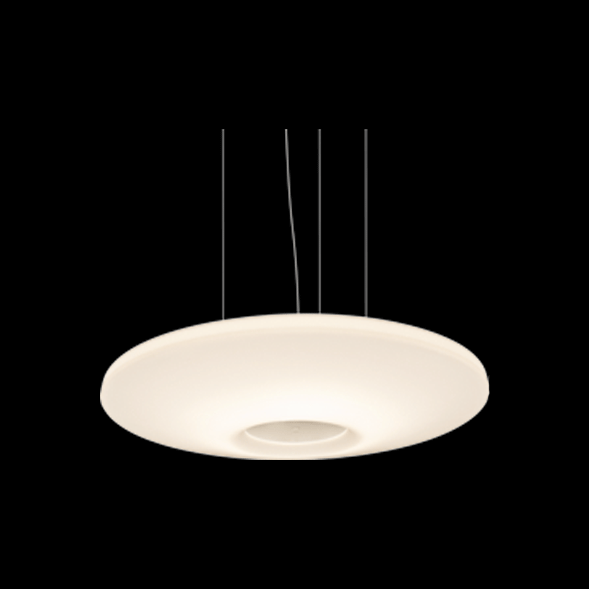 A white stylish pendant light with black background.