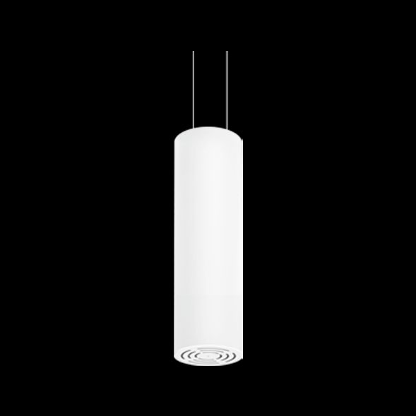 A white round pendant light with a black background.