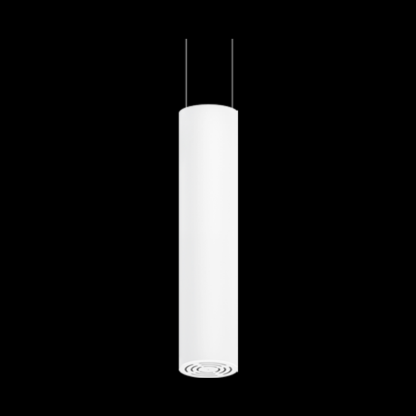 A large white round pendant light with black background.