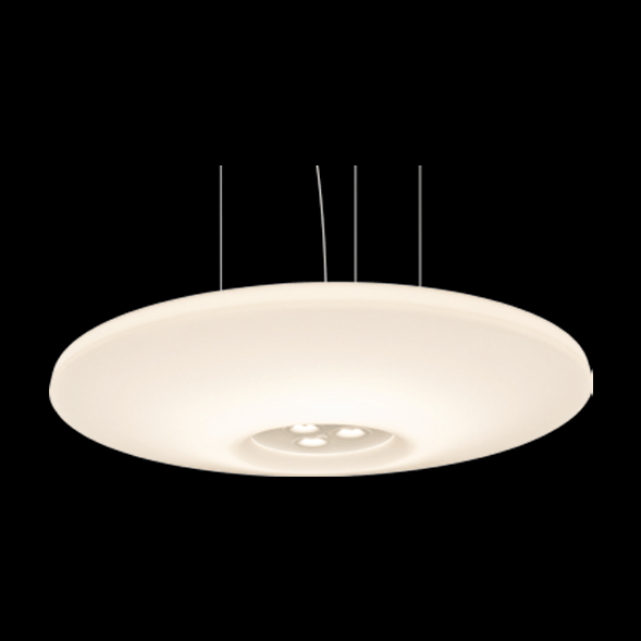 A large stylish round pendant light on a black background.