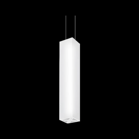 A large white pendant light with black background.